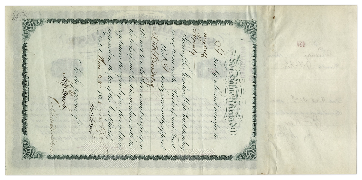 John D. Rockefeller Signed Stock Certificate for Standard Oil Trust -- Signed by Rockefeller as President in 1882