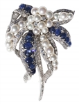 Estee Lauder Owned Platinum Brooch With Diamonds, Pearls and Sapphires -- Designed by David Webb & With Provenance From Sothebys