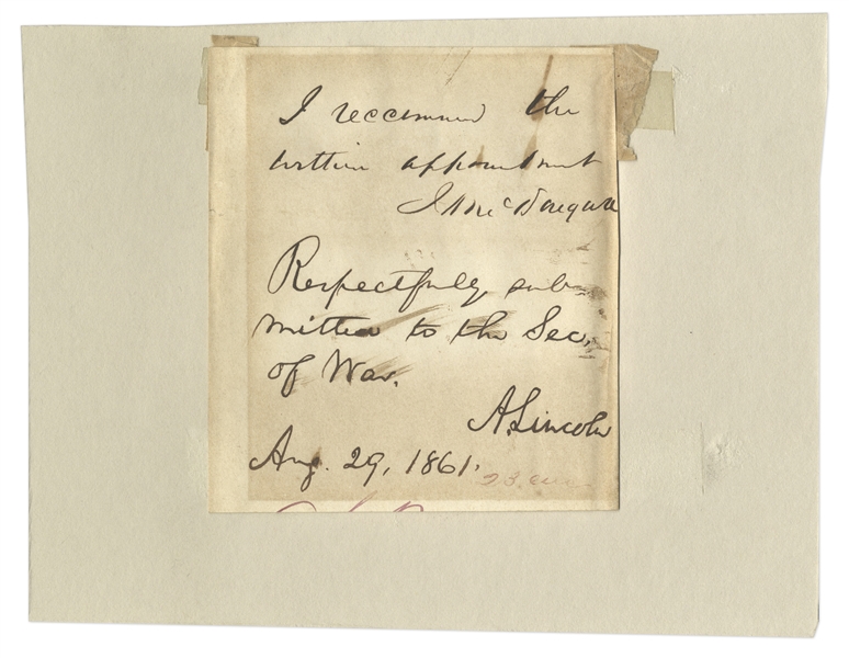 Abraham Lincoln Autograph Endorsement Signed as President in August 1861