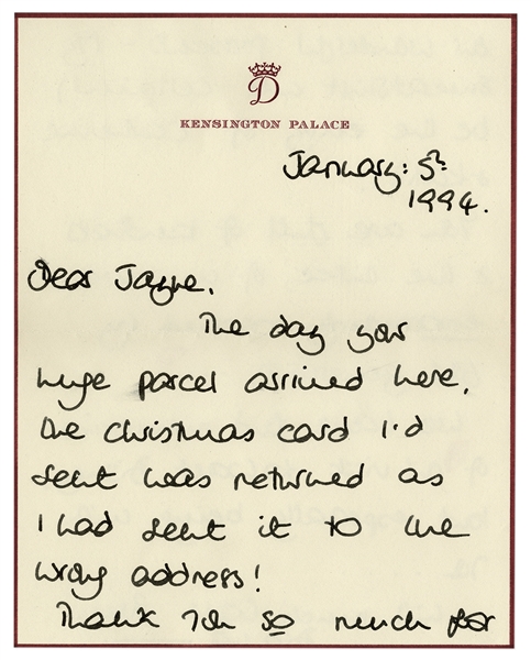 Princess Diana Autograph Letter Signed in 1994 on Kensington Palace Stationery -- ''...You are full of kindness and the three of us are enormously touched...we have fond memories...''