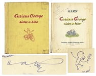 Curious George First Edition, Signed by H.A. Rey with Original Ink Drawing -- Curious George Rides a Bike From 1952