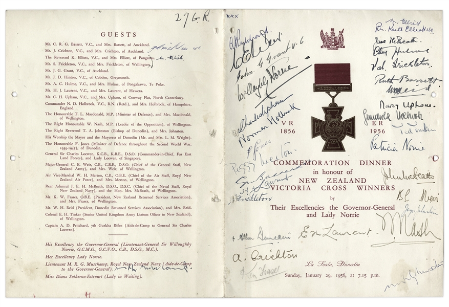 1956 Victoria Cross Winners Signed Commemoration Dinner Menu -- Includes Charles Upham, James Crichton & Samuel Frickleton