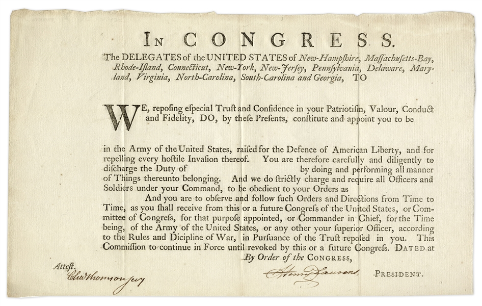 Continental Congress President Henry Laurens Signed Military Appointment for the Revolutionary War