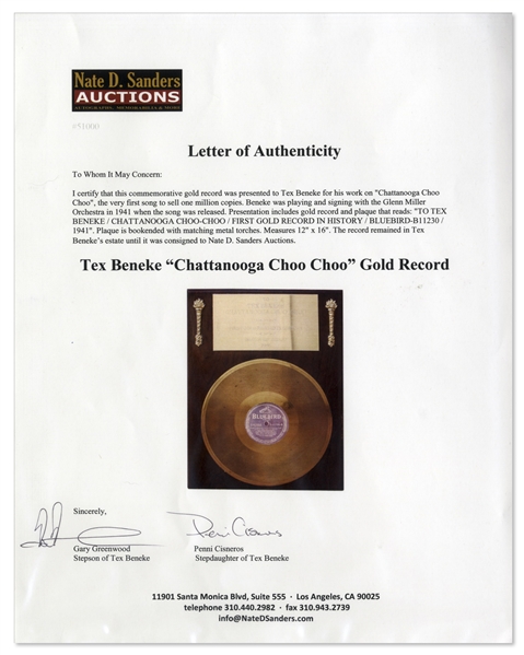 Tex Beneke Commemorative Gold Record for ''Chattanooga Choo Choo'' -- First Record to Ever Sell One Million Copies
