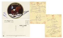 Apollo 11 Postcard Signed by Michael Collins & Buzz Aldrin -- With Note Signed by Neil Armstrong