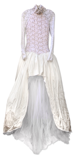 Prince's Bride's Wedding Dress Ensemble -- Stunning Backless Dress, Full Length Wrap With Faux Fur Trim & 11'' x 14.25'' Portrait Photo of the Couple