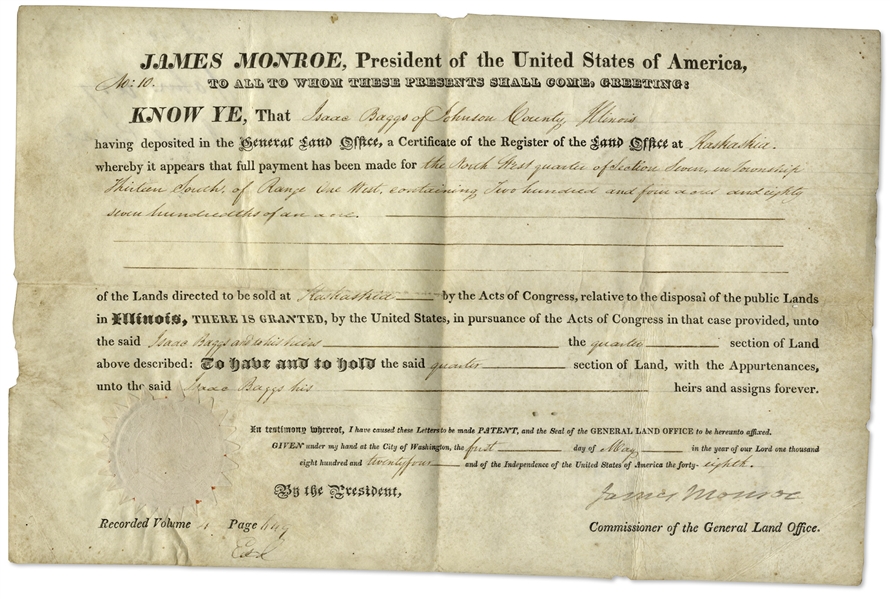 James Monroe Land Grant Signed as President in 1824