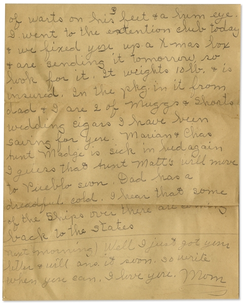 1940 Letter Aboard the U.S.S. Arizona, Sunk in Pearl Harbor Attack -- With U.S.S. Arizona Postmark on Envelope -- Also Includes 2 Letters Addressed to Ship, One the Day After Pearl Harbor