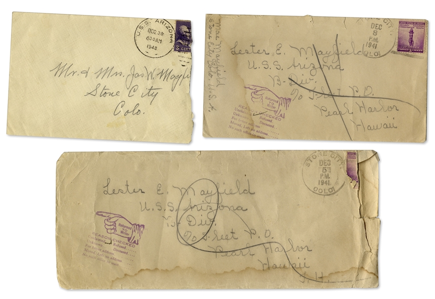 1940 Letter Aboard the U.S.S. Arizona, Sunk in Pearl Harbor Attack -- With U.S.S. Arizona Postmark on Envelope -- Also Includes 2 Letters Addressed to Ship, One the Day After Pearl Harbor