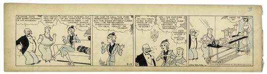 Chic Young Hand-Drawn Blondie Comic Strip From 1933 Titled The Perfect Wreck -- Blondie Cures Dagwoods Amnesia by Pushing Him Out of an Airplane