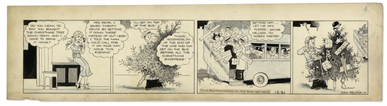 Chic Young Hand-Drawn Blondie Comic Strip From 1933 Titled There Is A Santa Claus -- Fun Strip Showing Dagwood Buying a Christmas Tree
