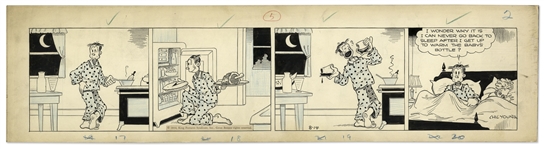 Chic Young Hand-Drawn Blondie Comic Strip From 1934 Titled Excess Baggage -- Dagwood Raids the Fridge While Warming Baby Dumplings Bottle