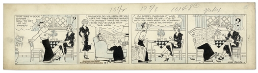Chic Young Hand-Drawn Blondie Comic Strip From 1935 Titled A Game Of Solitaire -- After Two Years of Marriage, Dagwood & Blondie Settle Into Their Routine