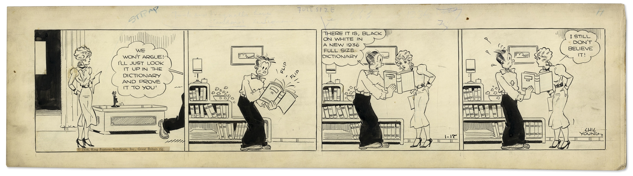 Chic Young Hand-Drawn ''Blondie'' Comic Strip From 1936 Titled ''A Born Skeptic''