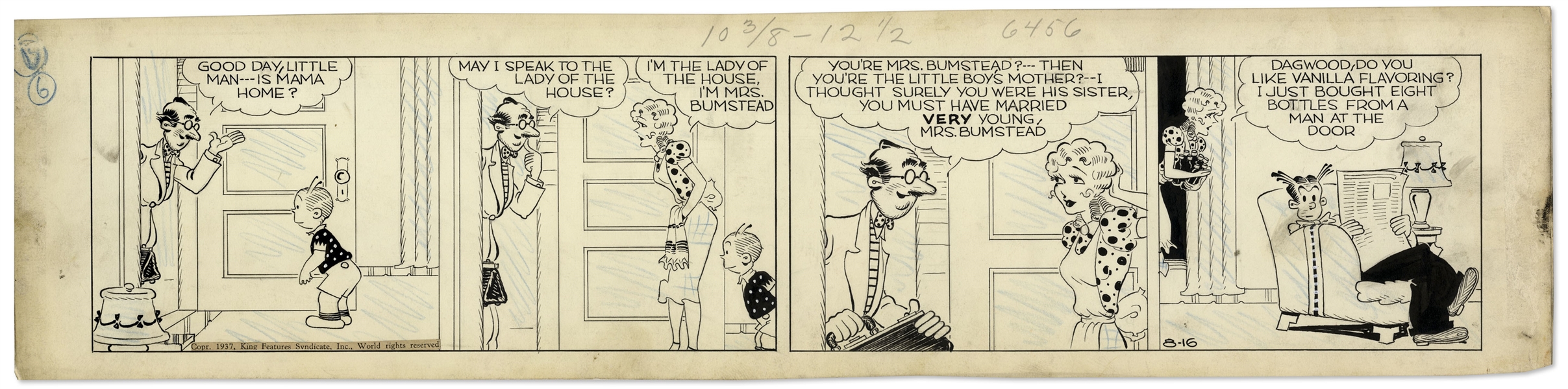 Chic Young Hand-Drawn ''Blondie'' Comic Strip From 1937 Titled ''I'll Take Chocolate''