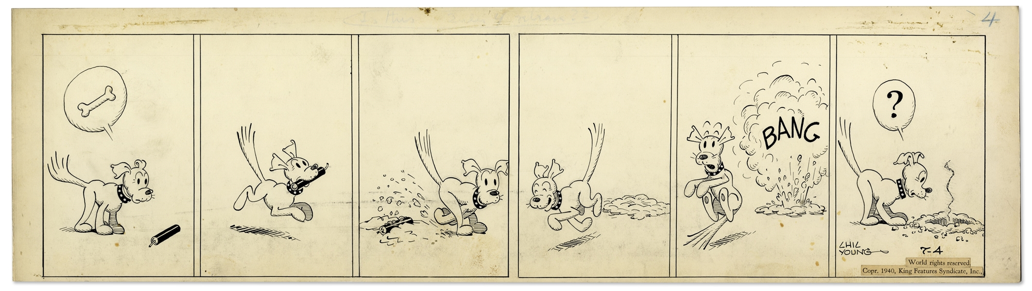 Chic Young Hand-Drawn ''Blondie'' Comic Strip From 1940 Titled ''A Bone To Pick With Somebody'' -- July 4th Firecracker Strip