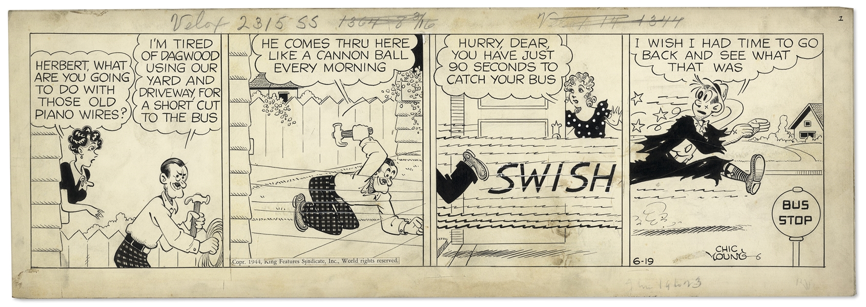 Chic Young Hand-Drawn ''Blondie'' Comic Strip From 1944 Titled ''It's The Aerialist In Him!''