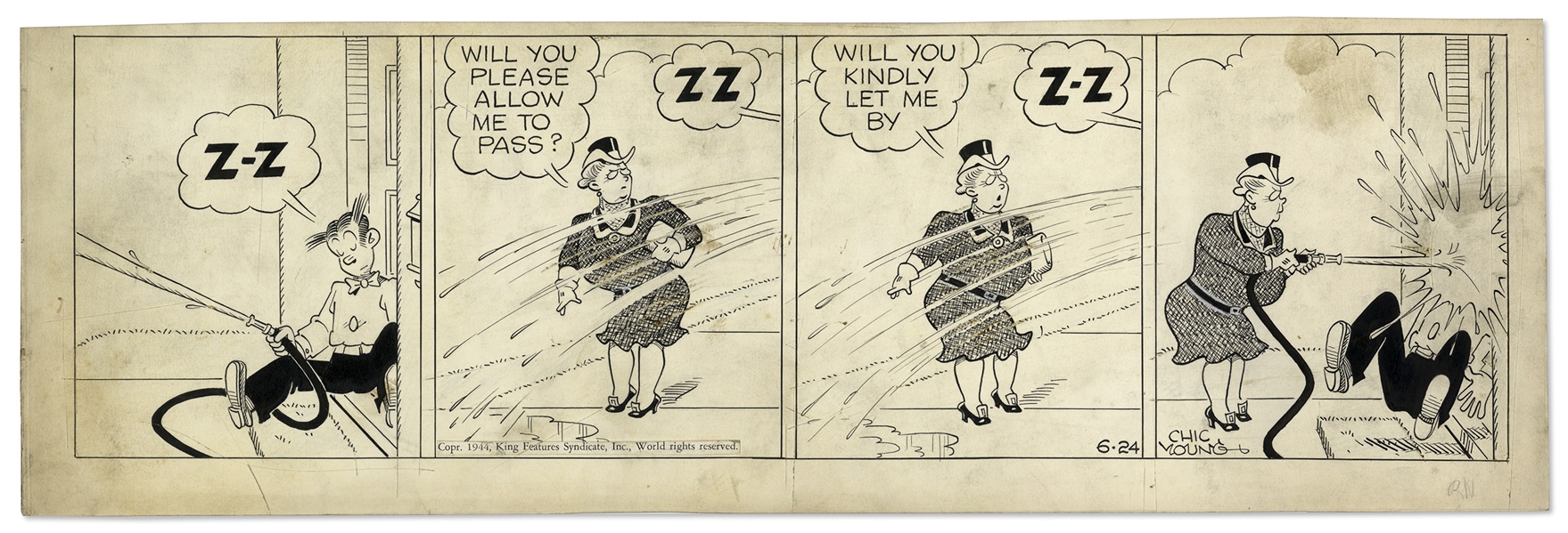 Chic Young Hand-Drawn ''Blondie'' Comic Strip From 1944 Titled ''Local Showers In The Suburbs!''
