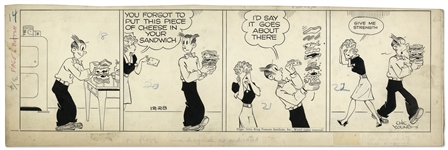 Chic Young Hand-Drawn Blondie Comic Strip From 1944 Titled Its The Juggler In Him! -- The Dagwood Sandwich Takes Center Stage