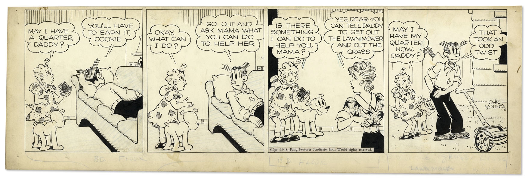 Chic Young Hand-Drawn ''Blondie'' Comic Strip From 1948 Titled ''Caught On The Rebound''