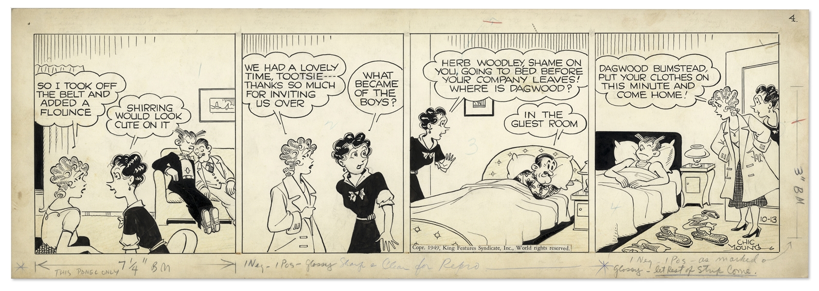 Chic Young Hand-Drawn ''Blondie'' Comic Strip From 1949 Titled ''Stagnant Stops''