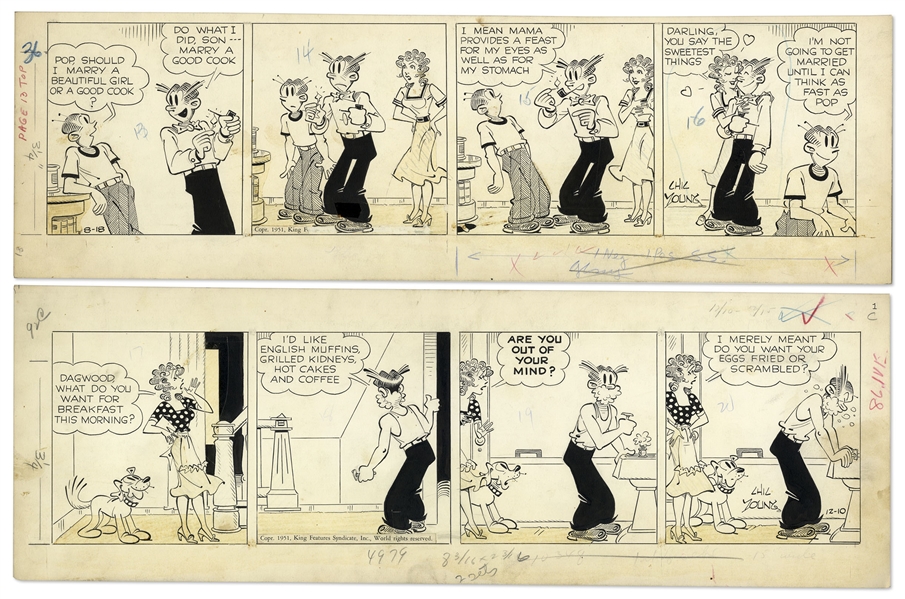 2 Chic Young Hand-Drawn ''Blondie'' Comic Strips From 1951 Titled ''Butterer-Upper!'' and ''How About Boiled?''