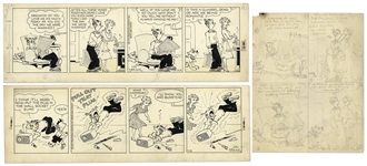 2 Chic Young Hand-Drawn Blondie Comic Strips From 1957 -- With Chic Youngs Original Preliminary Artwork for One