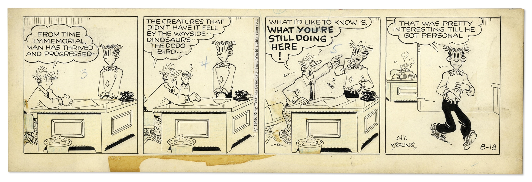 2 Chic Young Hand-Drawn ''Blondie'' Comic Strips From 1959 -- With Chic Young's Original Preliminary Artwork for One