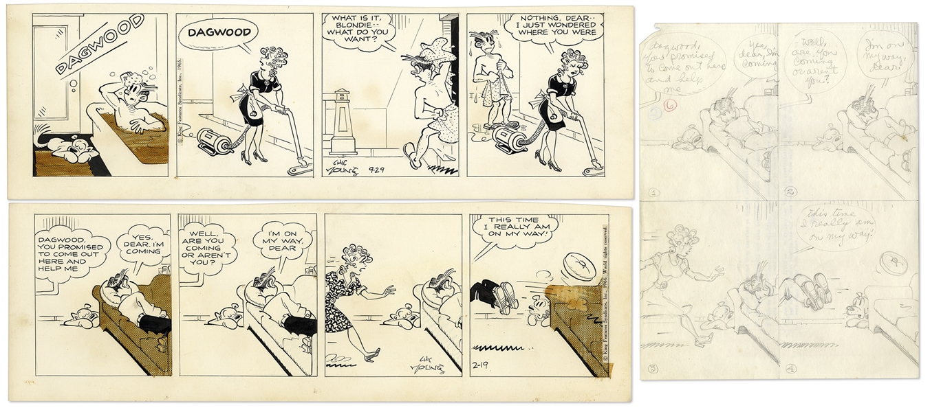 2 Chic Young Hand-Drawn ''Blondie'' Comic Strips From 1965 & 1966 -- With Chic Young's Original Preliminary Artwork for One