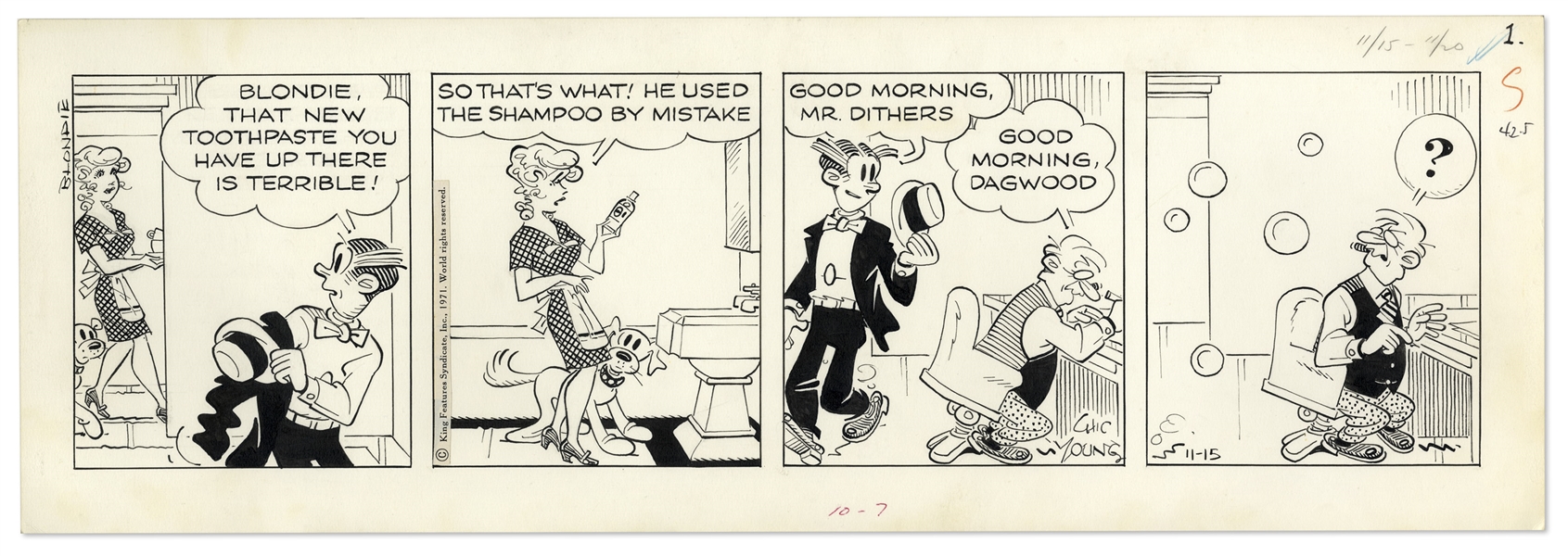 2 Chic Young Hand-Drawn ''Blondie'' Comic Strips From 1971 -- With Chic Young's Original Preliminary Artwork for Both