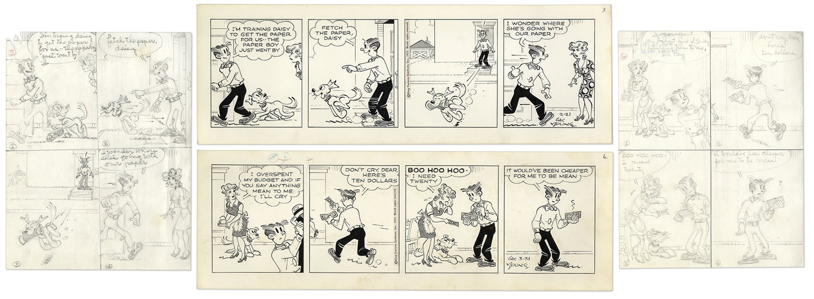 2 Chic Young Hand-Drawn ''Blondie'' Comic Strips From 1973 -- With Chic Young's Original Preliminary Artwork for Both