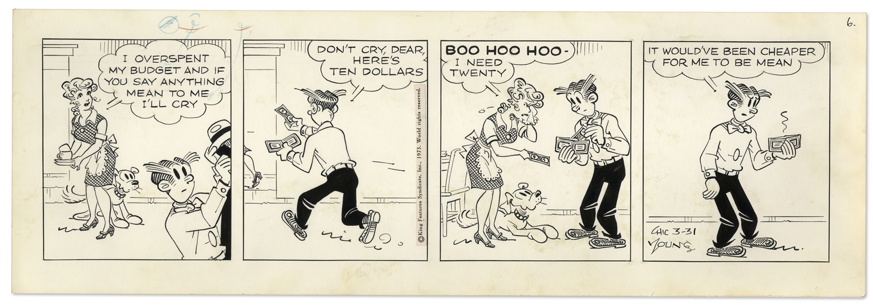 2 Chic Young Hand-Drawn ''Blondie'' Comic Strips From 1973 -- With Chic Young's Original Preliminary Artwork for Both