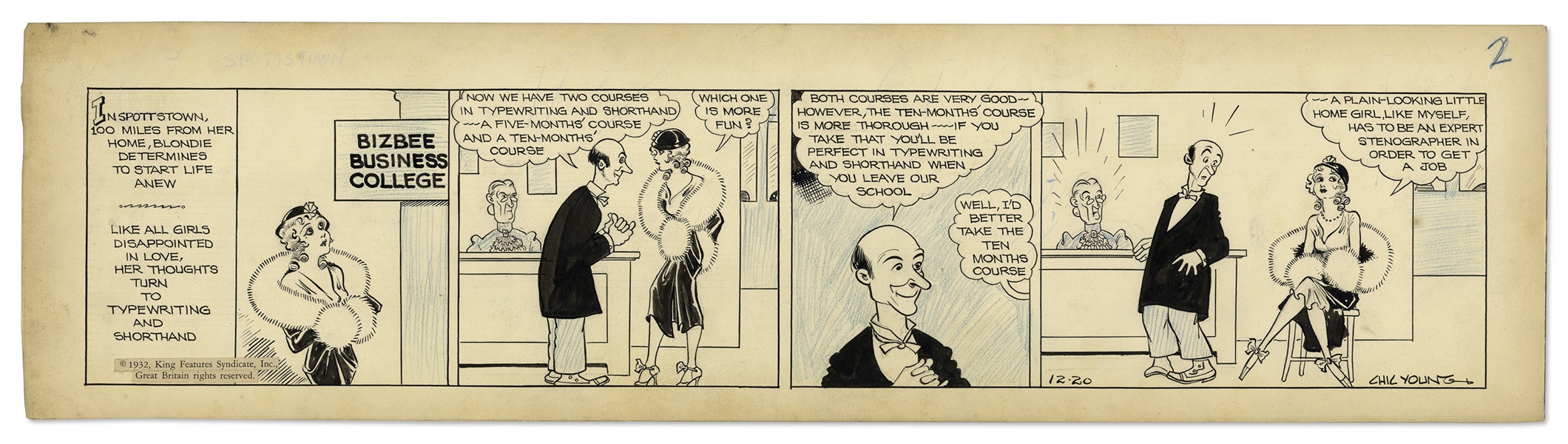 Chic Young Hand-Drawn ''Blondie'' Comic Strip From 1932 Titled ''The Ugly Duckling''