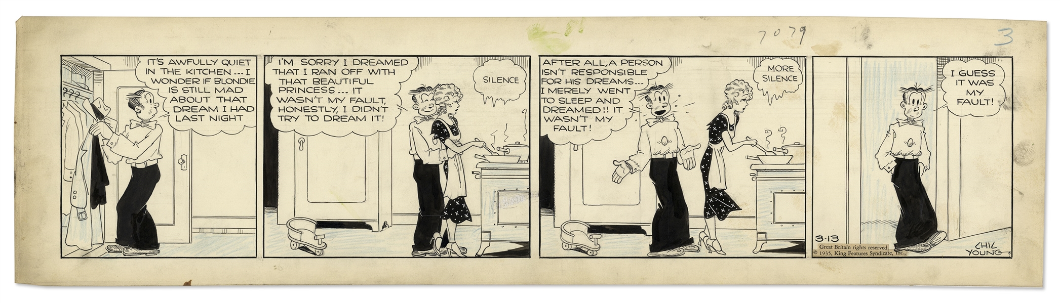 Chic Young Hand-Drawn ''Blondie'' Comic Strip From 1935 Titled ''Insomnia, Where Is Thy Sting?''