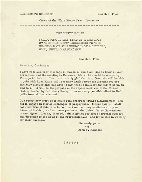 JFK Press Release -- Message to Khrushchev Regarding Nuclear Disarmament Shortly Before Cuban Missile Crisis