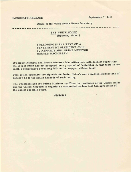JFK Press Release Regarding Soviet Nuclear Testing