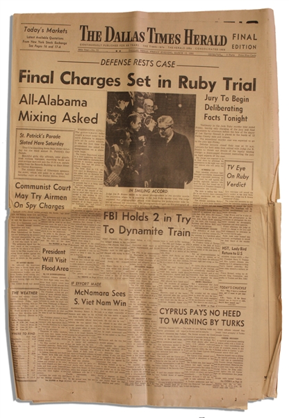 Original ''Dallas Times Herald'' Newspaper From 13 March 1964 on the Jack Ruby Trial -- ''Defense Rests Case / Final Charges Set in Ruby Trial''
