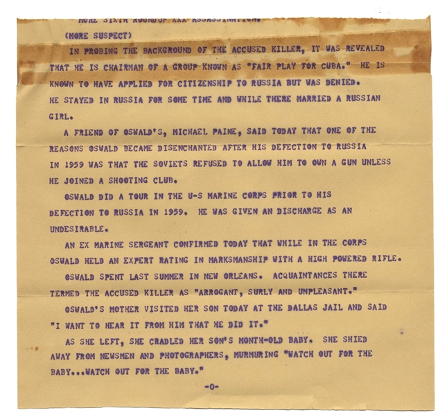 Interesting Press Teletype Regarding Lee Harvey Oswald -- Mentioning Oswald's Mother & Her Visit to the Dallas Prison -- ''...As she left, she cradled her son's month-old baby...''