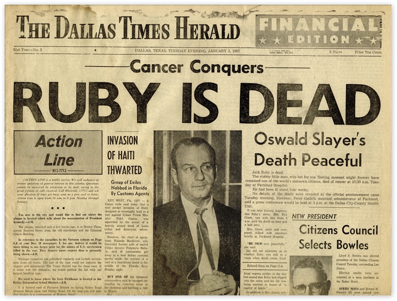 ''Dallas Times Herald'' From 3 January 1967 -- Announcing Jack Ruby's Death -- 20pp. Paper Measures 22.5'' x 15'' -- Toning & Chipping, Very Good