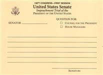 Bill Clinton Senate Impeachment Trial Question Card -- January 1999 -- Near Fine
