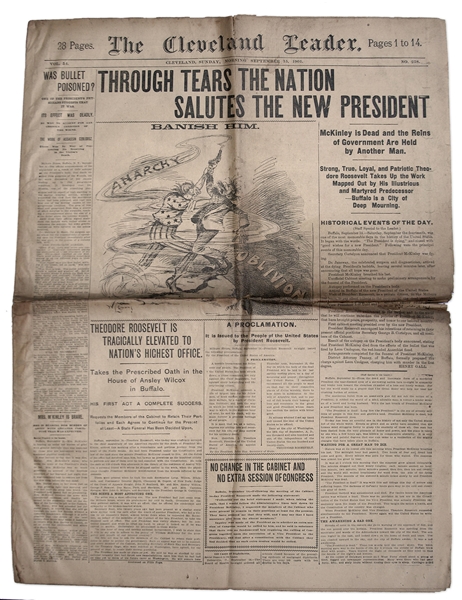 'The Cleveland Leader'' From 15 September 1901 --  ''...Nation Salutes The New President'' After William McKinley Assassination -- ''Was Bullet Poisoned?'' -- Tears Along Folds; Very Good