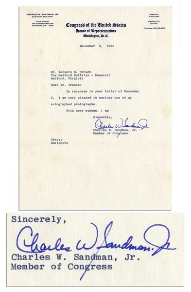 Watergate Congressman Charles W. Sandman Typed Letter Signed From 1968 -- 8'' x 10.5'' -- Very Good Condition