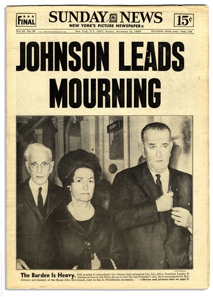 ''New York Daily News'' From 24 November 1963 Following the Death of JFK -- ''Johnson Leads Mourning'' and ''The Burden is Heavy''