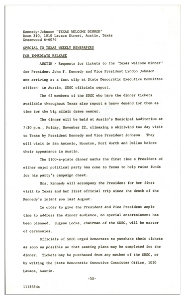 Press Kit for JFK's Texas Welcome Dinner -- Scheduled for the Night of his Assassination