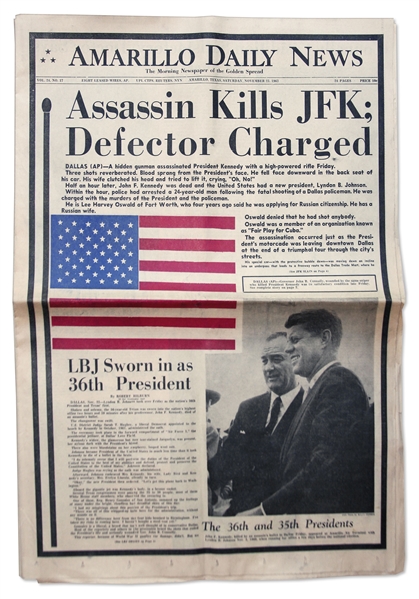 JFK Assassination Newspaper -- 23 November Edition of the Amarillo Daily News -- ''ASSASSIN KILLS JFK; DEFECTOR CHARGED''