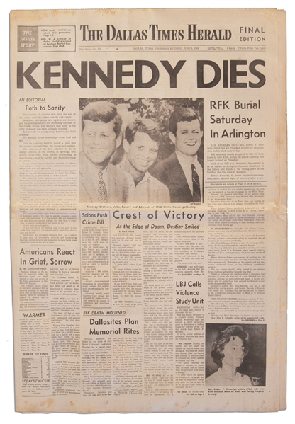 Robert Kennedy Assassination Newspaper