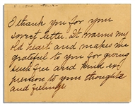 Oliver Wendell Holmes Autograph Note Signed -- ''...It warms my old heart and makes me grateful to you for giving such free and kind expression to your thoughts and feelings...''