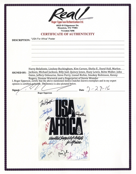 Historic ''USA for Africa'' Poster Signed by 19 Musical Artists From the 1985 Charity Single ''We Are The World'' -- Including Michael Jackson, Billy Joel & Stevie Wonder