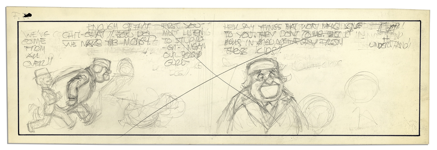 Al Capp ''Li'l Abner'' Unfinished Hand-Drawn Comic Strip -- Featuring Fearless Fosdick -- 18.75'' x 6'' in Pencil With Second Crossed-Out Strip to Verso -- Very Good -- From Al Capp Estate