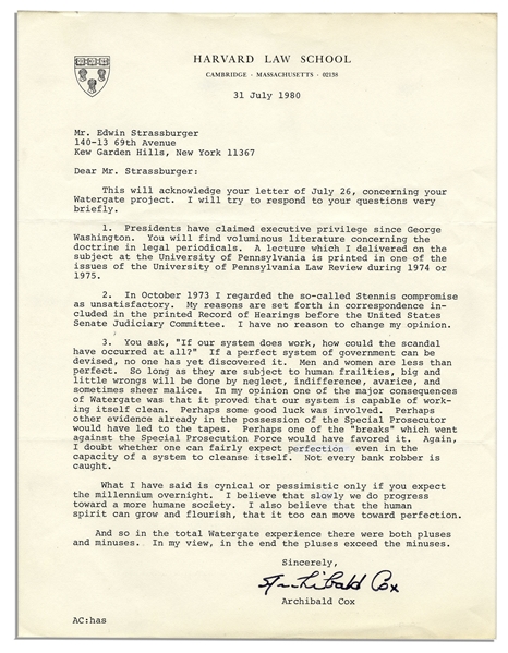 Watergate Prosecutor Archibald Cox Typed Letter Signed -- ''...in the total Watergate experience there were both pluses and minuses...in the end the pluses exceed the minuses...''